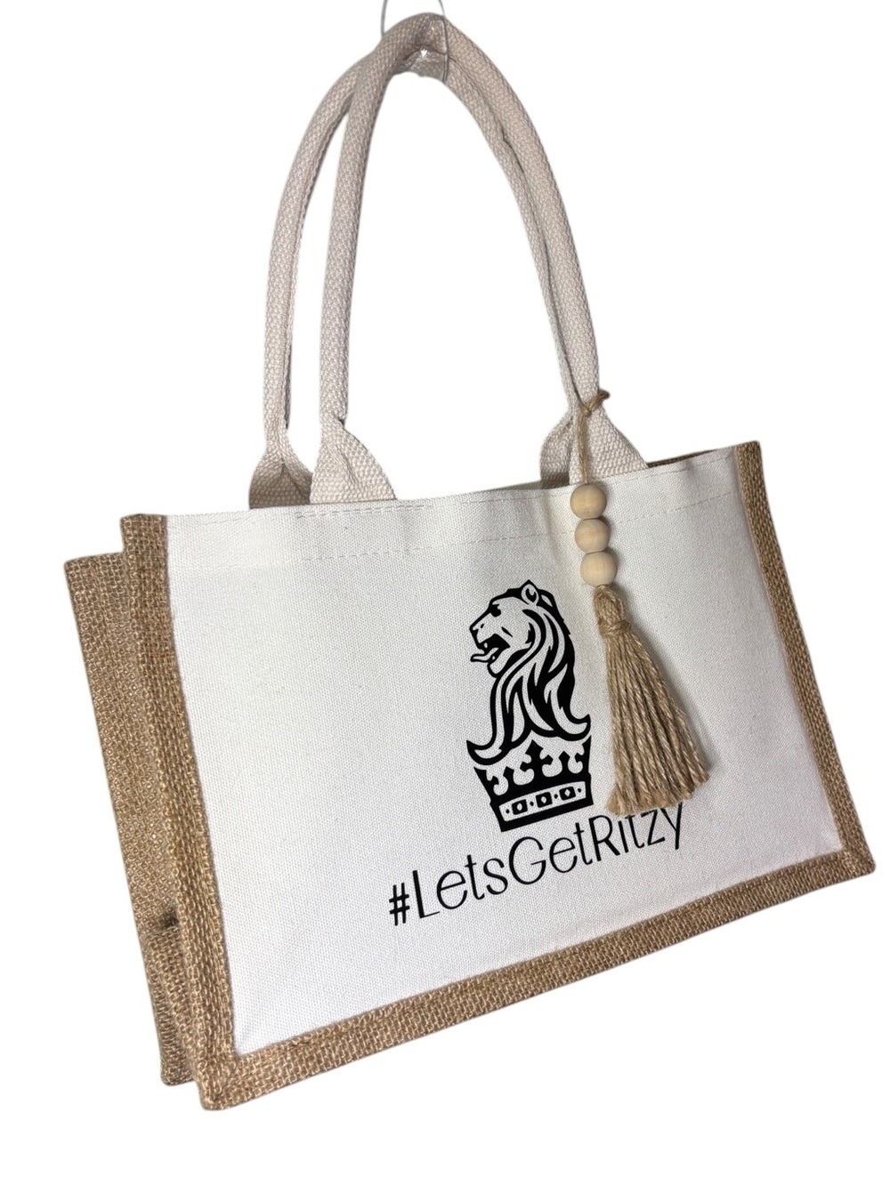 The Ritz Carlton #LetsGetRitzy White Canvas Jute Small Tote Bag With Bead Tassel